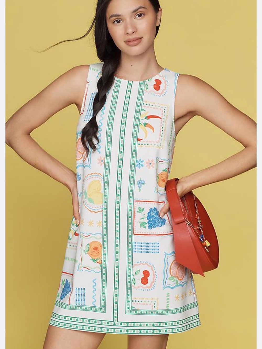 Maeve Sleeveless Printed Fruit Shift Dress in White with Green Trim, small